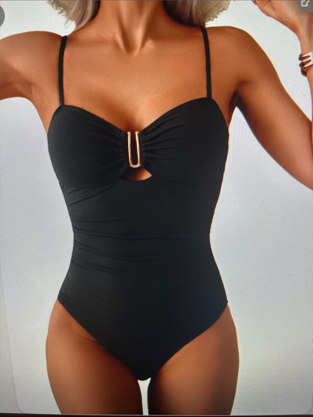 Black One-Piece Swimsuit with Front U-Accent